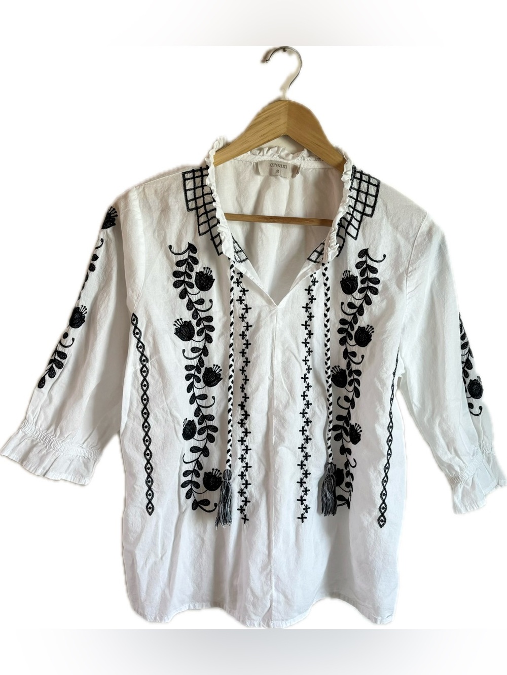 Cream Brand White Cotton Blouse with Black Embroidered Details